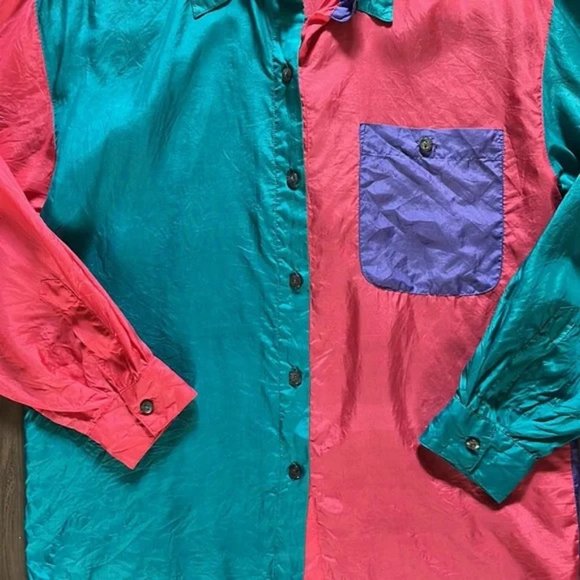 Freeze Frame Vintage 90s 100% Silk Colorful Button Down Blouse size large - Picture 3 of 5